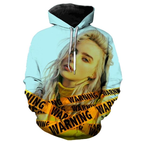 

billie eilish 3d print hoodies fashion men harajuku funny sweatshirts streetwear hip hop quality plus size autumn winter clothes, Black