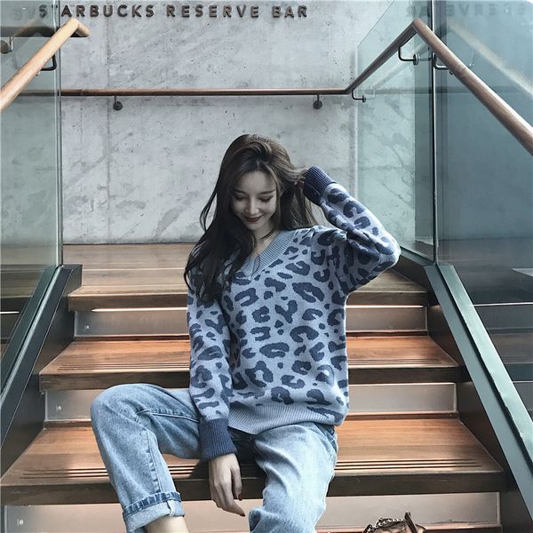 

super popular leopard v-neck pullover sweaters office lady long sleeve fashion sweater, White;black