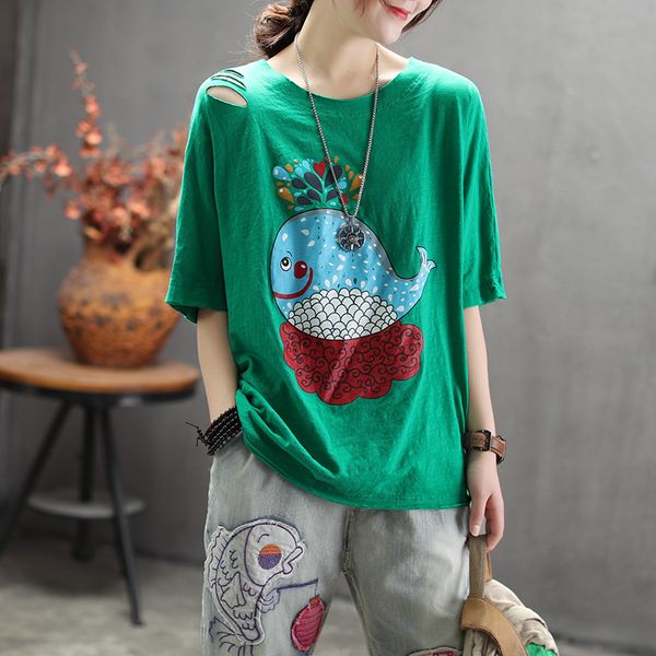 

womens t shirt spring and summer new cartoon printed t shirts hole ruffled female shirt loose o neck wild, White