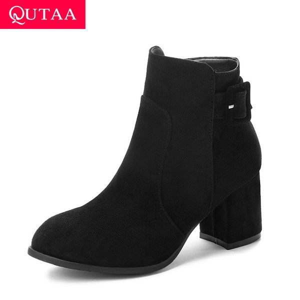 

qutaa 2020 flock square high heel fashion ankle boots round toe zipper buckle autumn winter casual women shoes big size 34-43, Black