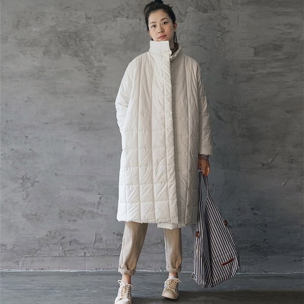 

scuwlinen winter coats 2019 casual solid grid stand-collar thick warm long straight loose cotton-padded jackets morandi p174, Black