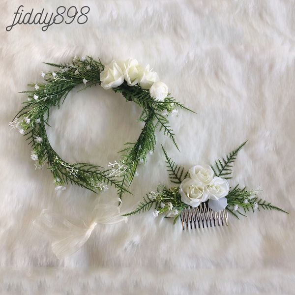 

greenery flower crown bride hair comb headband wedding accessories bridal head piece tocados flores bodas bridal accessories, White;golden