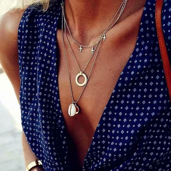 

new necklace jewelry simple cross clavicle chain fashion bohemia natural shell circle pendant necklace 3 layers set, Silver