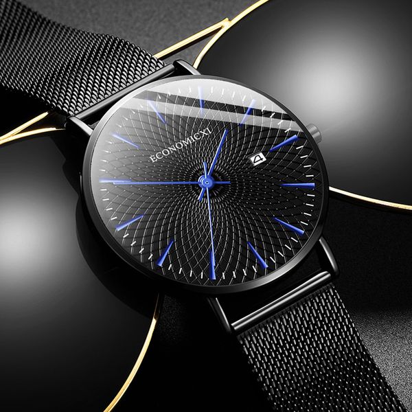 

minimalist mens fashion business watches men ultra thin stainless steel mesh belt calendar analog quartz watch relogio masculino, Slivery;brown