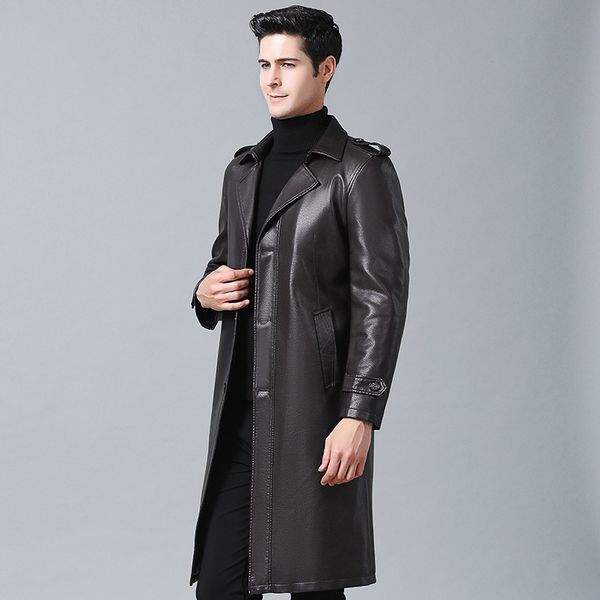 

long 2019 men faux leather jackets autumn fashion steampunk gothic turn down collar motorcycle jackets male zippers leather coat, Black