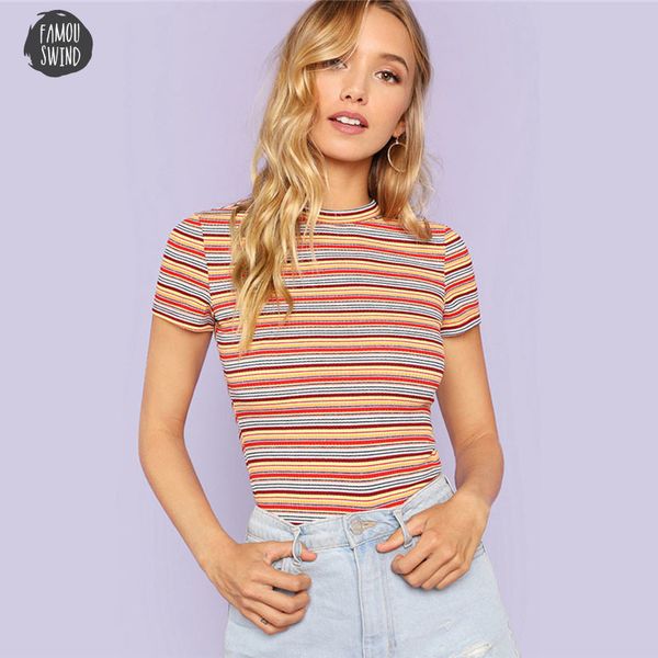 

ribbed t shirt knit fit tee short sleeve round neck slim striped women summer athleisure casual, White