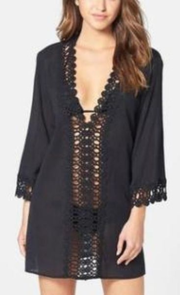 

women floral lace hollow out v-neck 3/4 sleeve bikini cover beach bikini cover-ups dress swimsuits wrap skirt, Black;red