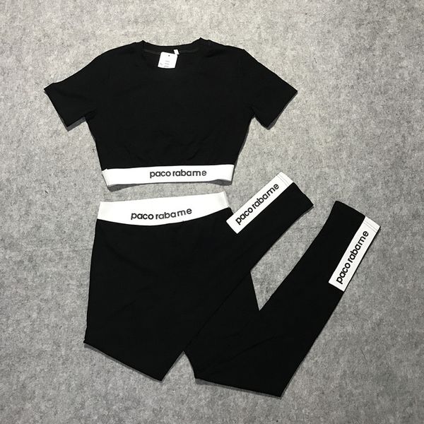 

2019 new summer european fashion women's high waist short sleeve letter print crop t-shirt and sports yoga long leggings twinset, White