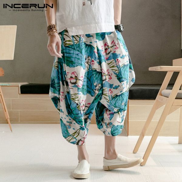 

incerun men harem pants print joggers streetwear loose hiphop drop crotch wide leg pants chinese style vintage trousers men 2019, Black