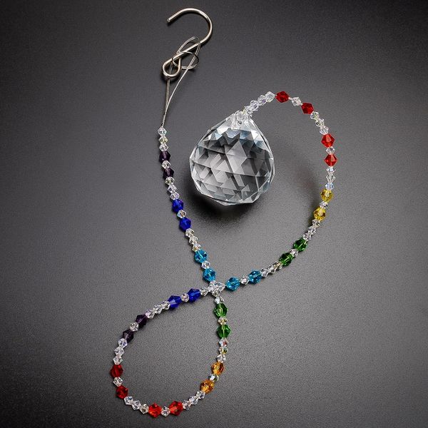 

h&d chakra crystal suncatcher with 40mm crystal ball for windows and colorful glass beads chain,wedding favors,22-inch long garden decoratio
