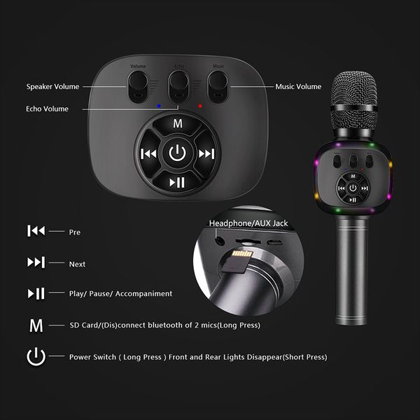 

karaoke microphone wireless singing machine with bluetooth speaker for cell phone/pc, portable handheld mic speaker support reverb/duet