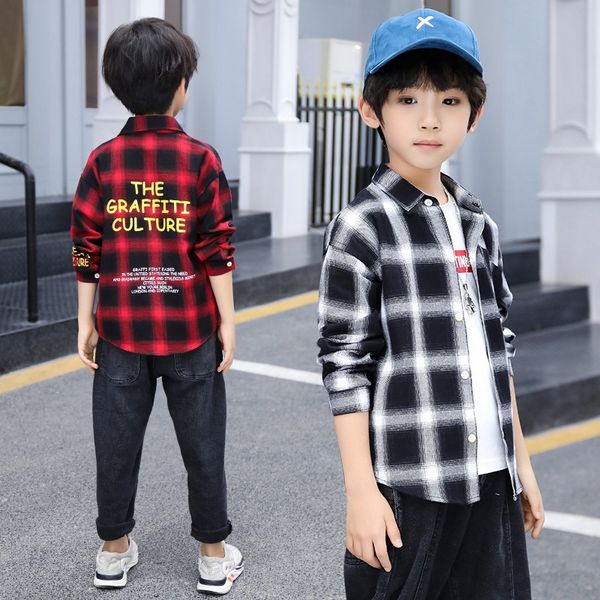 

clothing boys children's clothing ' autumn children's shirt large and medium-sized boys' printed sleeves plaid shirt, White;black