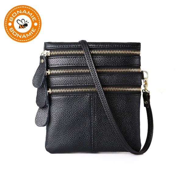 

bonamie small messenger bag genuine leather crossbody bag for women female cow leather ladies three zipper mini shoulder new