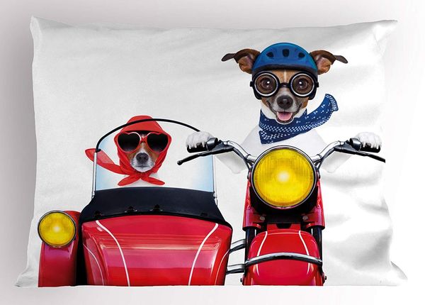 

dog driver pillow sham jack russell terriers on a vintage motorbike wearing scarves funny cute animals decorative standard size pillow case