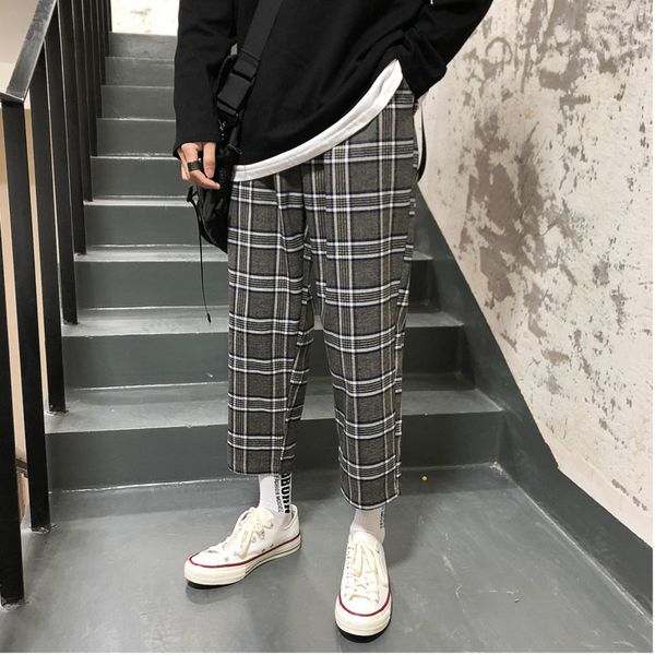 

spring new plaid pants men fashion retro casual straight trousers man streetwear hip hop loose joggers nine pants male, Black