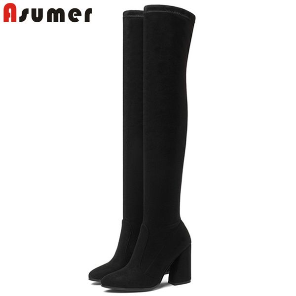 

asumer 2018 autumn winter over the knee boots women flock elegant prom thigh high boots thick high heels black size 34-43
