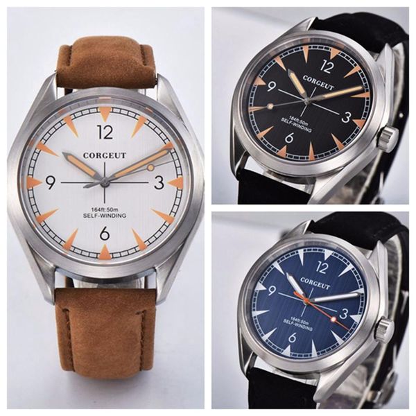 

men corgeut automatic mechanical watch luxury fashion casual brand leather man waterproof sport male watches relogio masculino, Slivery;brown