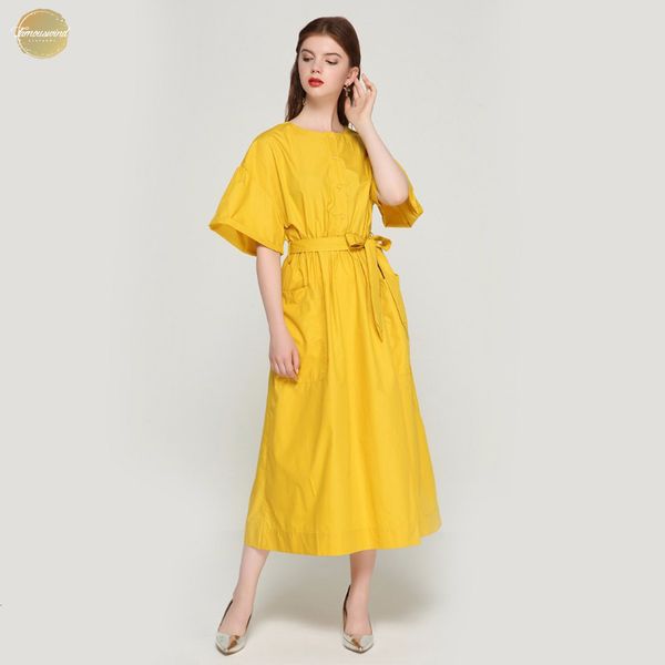 

women elegant dresses yellow mid calf dress sashes pockets elastic waist short sleeve spring female pleated chic vestidos qz3624, Black;gray