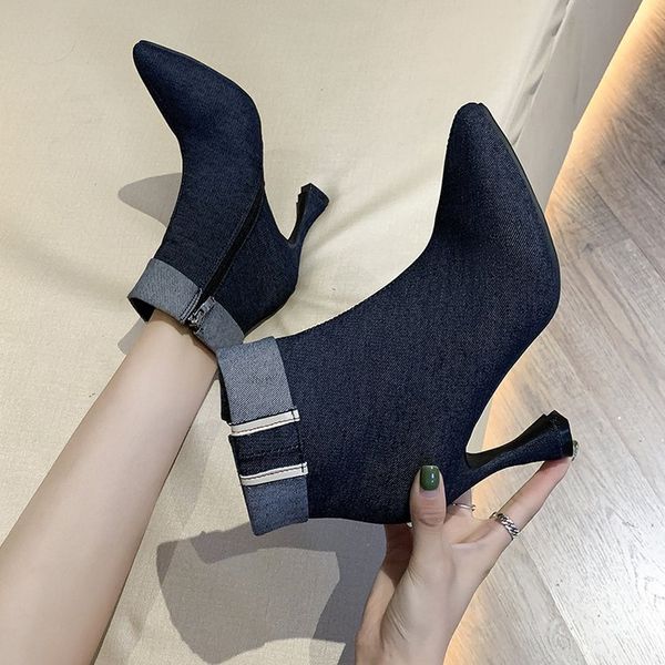 

winter women pumps ankle boots women platform fashion pointed toe zipper high heels party snow botas shoes, Black