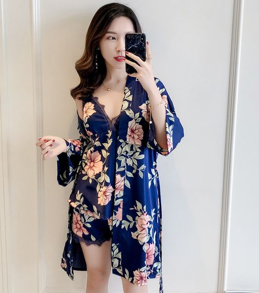 

lisacmvpnel spring 3pcs new ice silk women robe set with chest pad nightdress+shorts+cardigan set sleepwear, Black;red