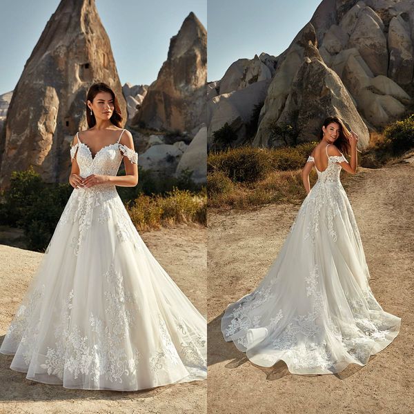 

eddy k 2021 wedding dresses spaghetti straps open back a-line bridal gowns custom made lace appliques sweep train beach wedding dress, White