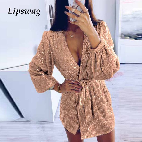 

women sequin glitter shiny irregular mini dress summer v-neck puff long sleeve dress spring casual belt short dress vestido, Black;pink