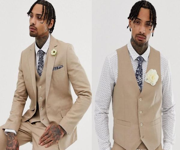 Nach Maß Hohe Qualität Groomsmen Kerbe Revers Bräutigam Smoking Khaki Männer Anzüge Hochzeit/Prom Trauzeuge Blazer (Jacke + hosen + Weste)