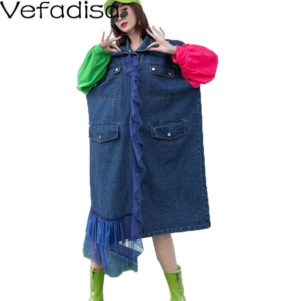 

vefadisa patchwork sleeve trench coat women 2020 spring lapel lace ruffles denim trench coat streetwear overcoat qyf1937, Tan;black