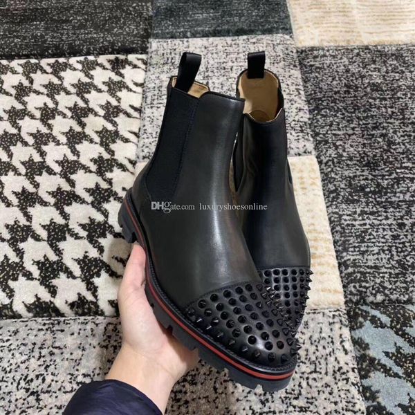 

t-quality brand black genuine leather red bottom melon spikes men's ankle boots winter fashion man booties party wedding dress