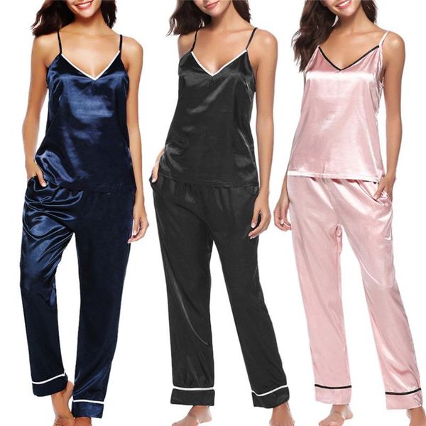 

2 piece set women sleepwear sleeveless strap nightwear lace trim satin cami pajama sets summer nightgown sleepwear #15, Blue;gray