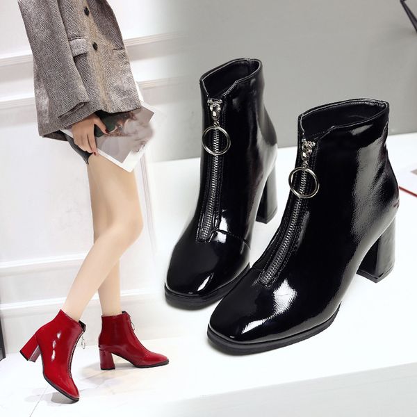 

front zipper ankle boots for women fashion pu patent leather square toe square heel casual single shoes short boots botas mujer, Black