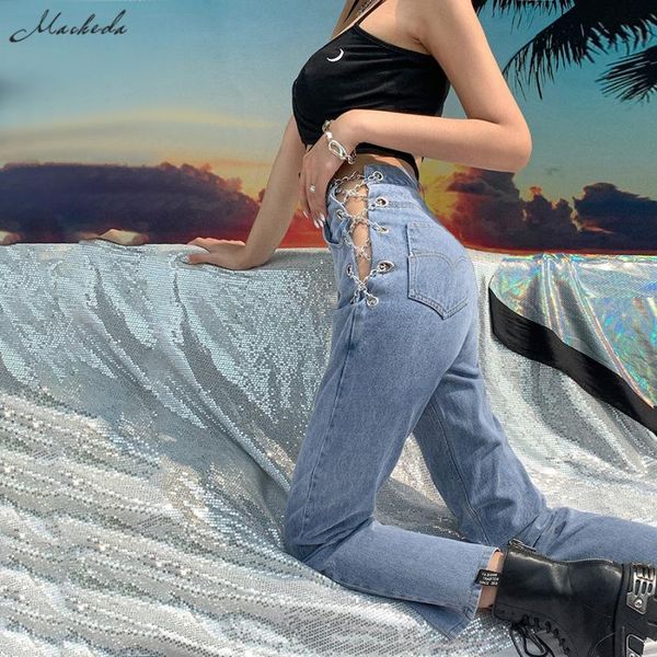 

macheda fashion high tayal pay out chain design женщина джинсы ретро streetwear повседневная скинни леди брюки mujer 2020 новый, Blue