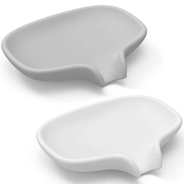 

soap dish with draining tray, silicone soap holder saver for shower/bathroom, keep soap bars dry clean, 2 pack, white and gray