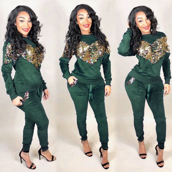 

autumn women two piece set velvet sequin and pant suit casual outfits 2 piece matching sets velour tracksuit, White