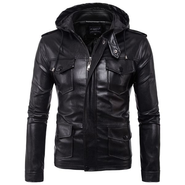 

ouma 2019 new style fashion men locomotive hooded men's leather jacket leather coat ouma coat m-5xl b005, Black