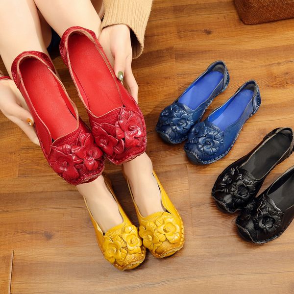 

tilocow genuine leather womens shoes casual slip on ladies shoes woman spring shallow footwear female flat with flowers loafers, Black