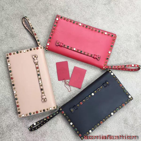 

горячие продажи новые стили женщины клатч натуральная кожа дизайнер цвет заклепки женщины ручная сумка