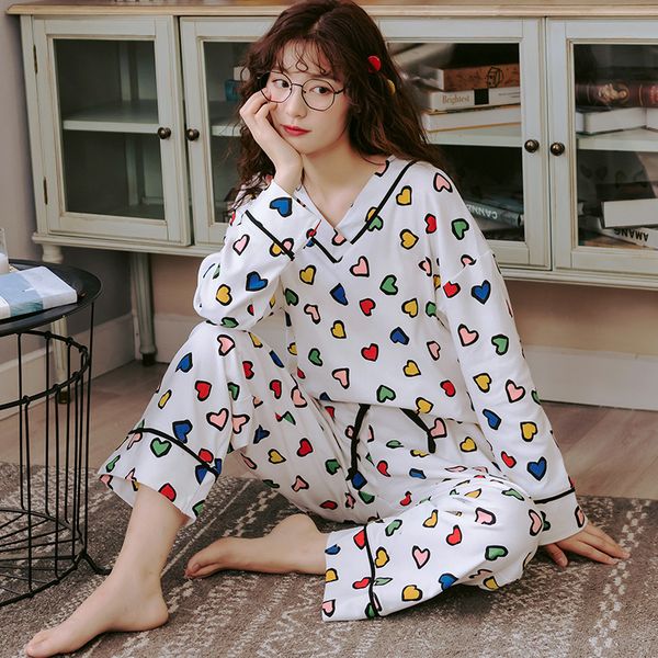 

plus size -3xl full cotton pyjamas women pijama mujer long-sleeve casual sleepwear v-neck homewear white pajamas set for female, Black;red