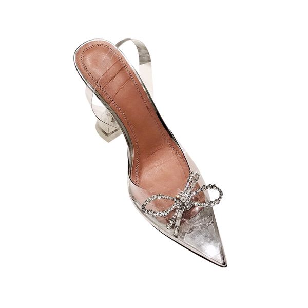 

am new 2020 summer bow rhinestone transparent pvc high heels pointed wine glass heel sandals ladies fashion, Black