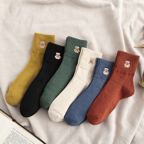 

cute cartoon cub embroidered middle sleeve socks girl's versatile fashion trend korean college style cotton socks, Black;white