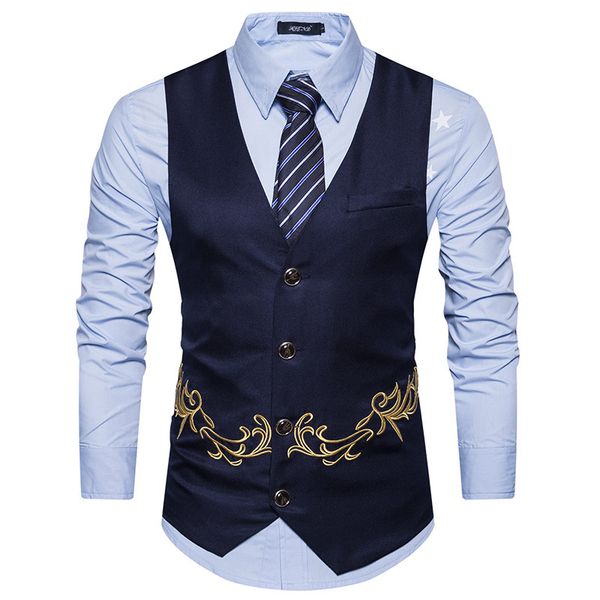 

men clothes 2019 new chalecos para hombre fashion embroidery men suit vest business casual brand waistcoat gilet dress vest, Black;white