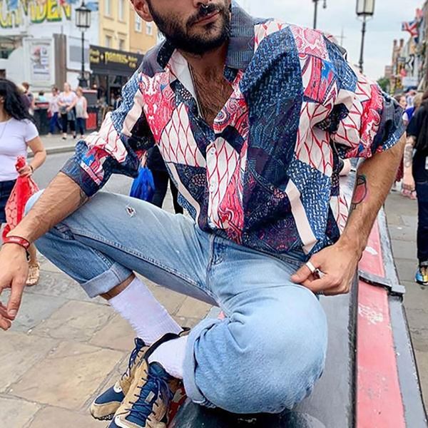 

mens printed shirt 2019 men's contrast color long-sleeved casual slim fit hawaiian blouse camisas flores hombre, White;black