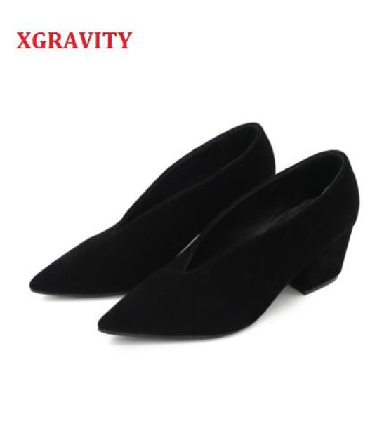 

xgravity spring autumn wedding bridal pointed toe dress shoes deep v design woman footwear chunky lady wedges shoes hot, Black