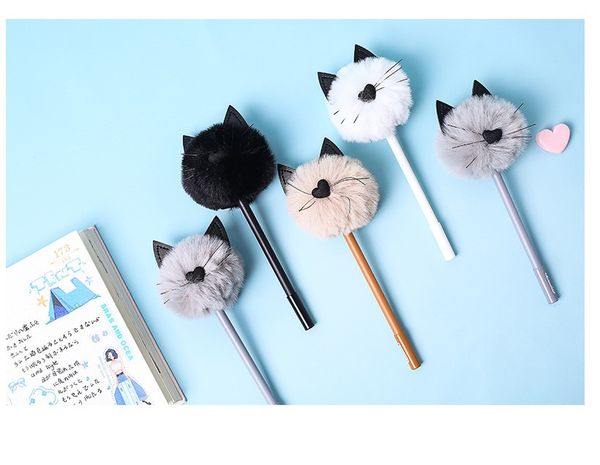 

fluffy plush cat love heart nose black ears gel ink pen signature pen escolar papelaria school office supply promotional gift