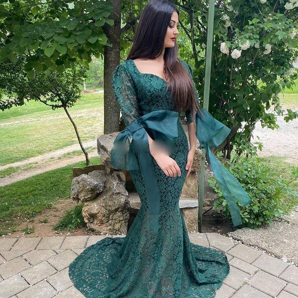 

elegant lace mermaid prom dresses sweet heart puff sleeve sweep train big bow illusion long formal evening party gowns, Black