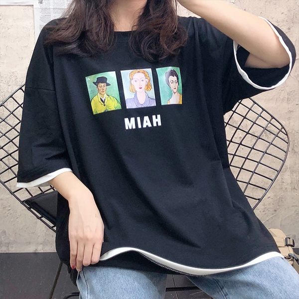 

2020 women's t- medium and long cotton short sleeve student round collar large shirt size women's base shirt, White