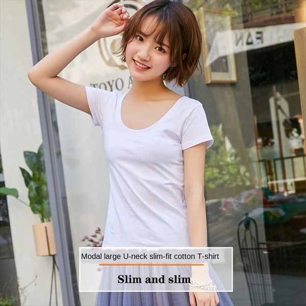 

short-sleeved t- female 2020 shirt summer modal cotton women's slim big u-collar base shirt, White