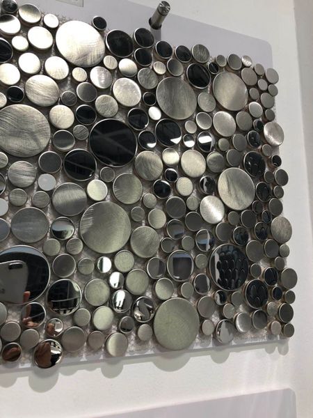 

3d art metal mosaic penny round bubble stainless steel metallic wall tile backsplash glossy matte brushed silver black metal tile