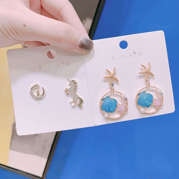 

creative cute asymmetry rhinestones moon unicorn metal texture starfish shell earrings personality fashion girl women's jewelry, Silver