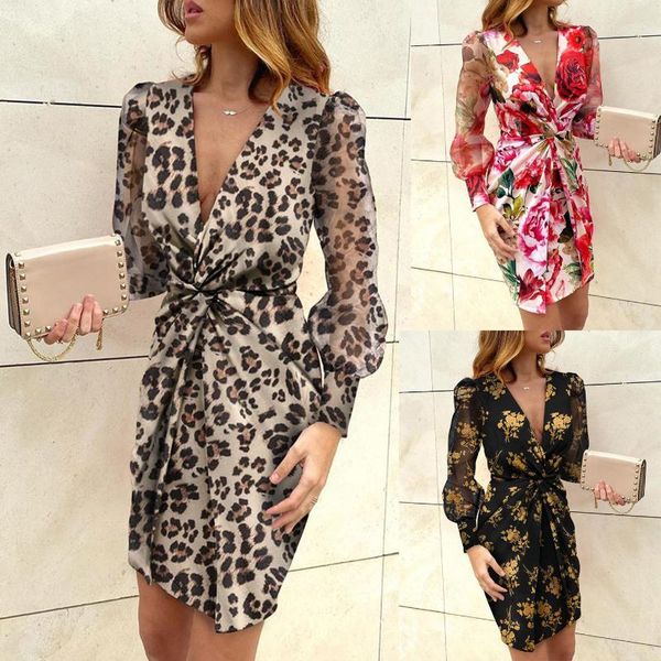 

2020 new elegant women dress office lady floral leopard pencil dress long puff sleeve deep v bodycon fashion slim, Black;gray
